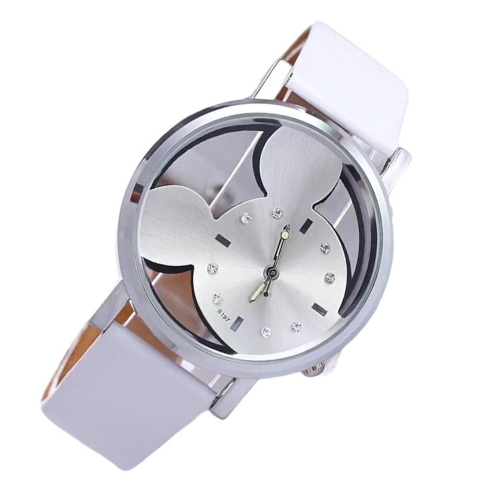 Minnie Mickey Mouse Watch Clear Analog Adjustable Buckle Band Silver White OS